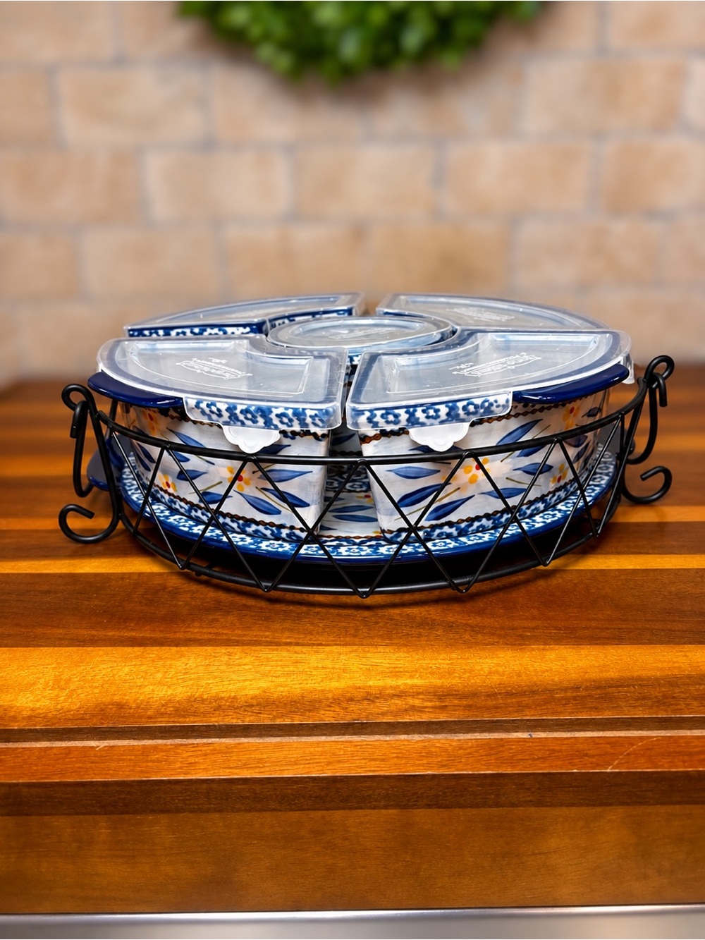 Temp-tations Old World Blue 12 Piece Lazy Susan Serving Set with Rack